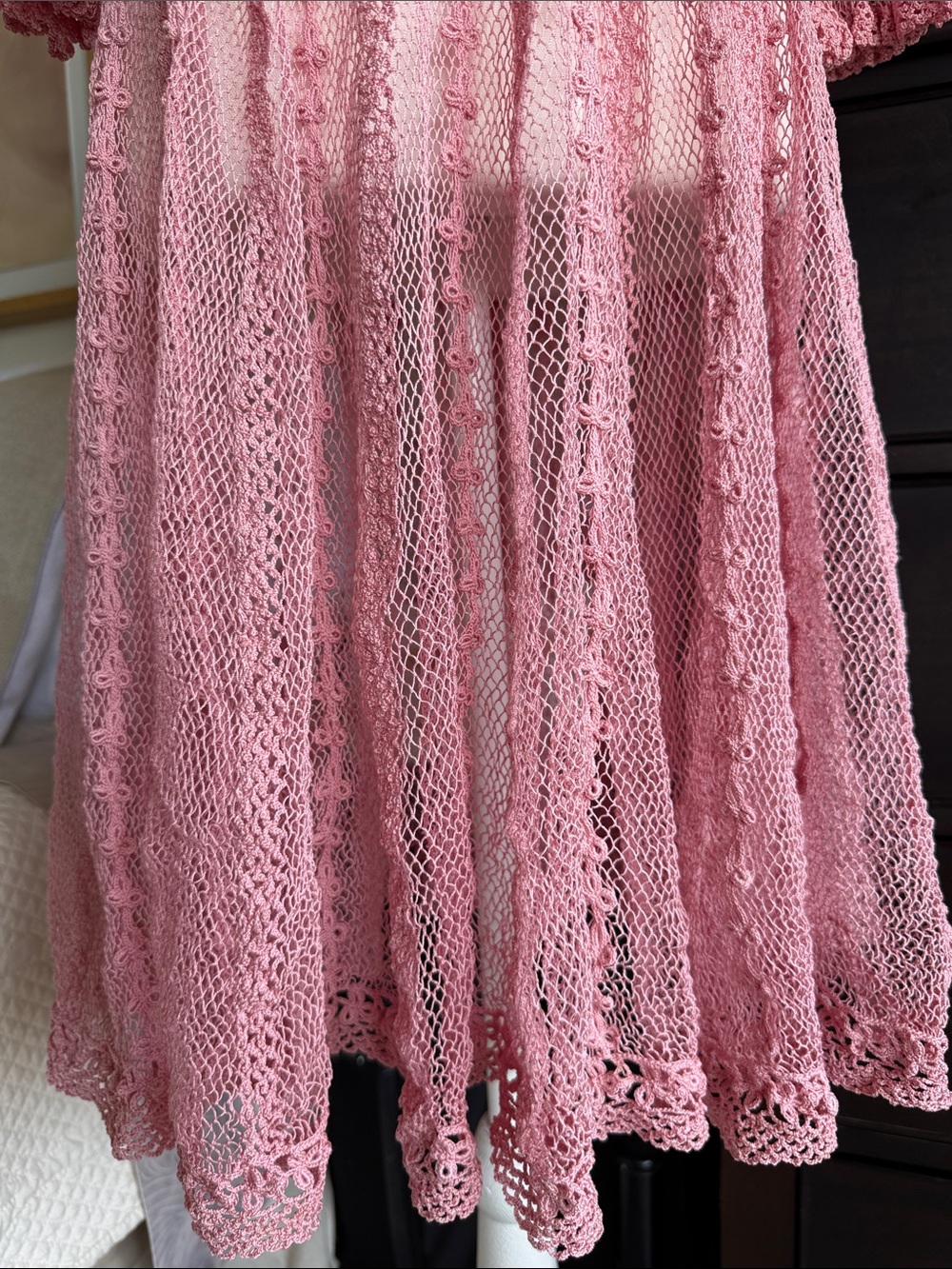 Blush Pink Crochet Vintage Midi Dress - Women's Lace Knit Dress - Picture 5 of 17